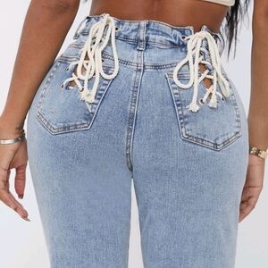 SHEIN Light Blue Lace-Up Mid Rise Jeans